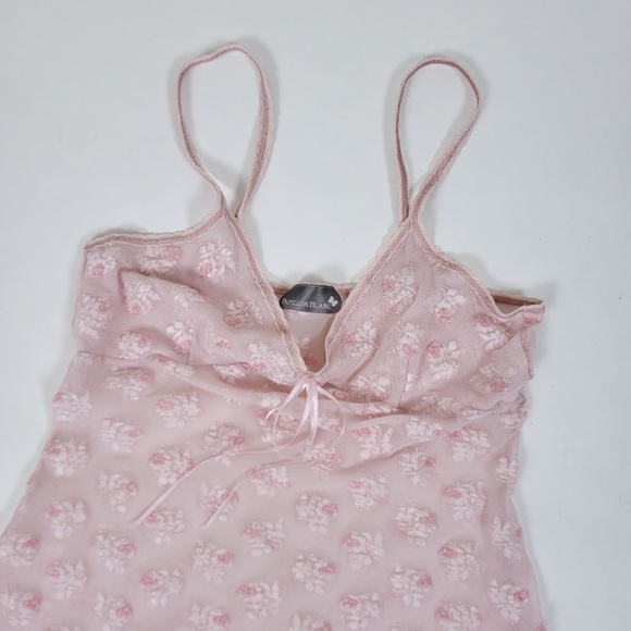 Y2K Lace Camisole Pastel Pink Sheer Mesh Slip Nightgown Tank Top - Picture 2 of 12